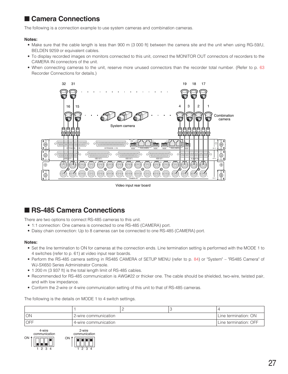 Camera connections, Rs-485 camera connections | Panasonic WJ-SX650 User Manual | Page 27 / 98