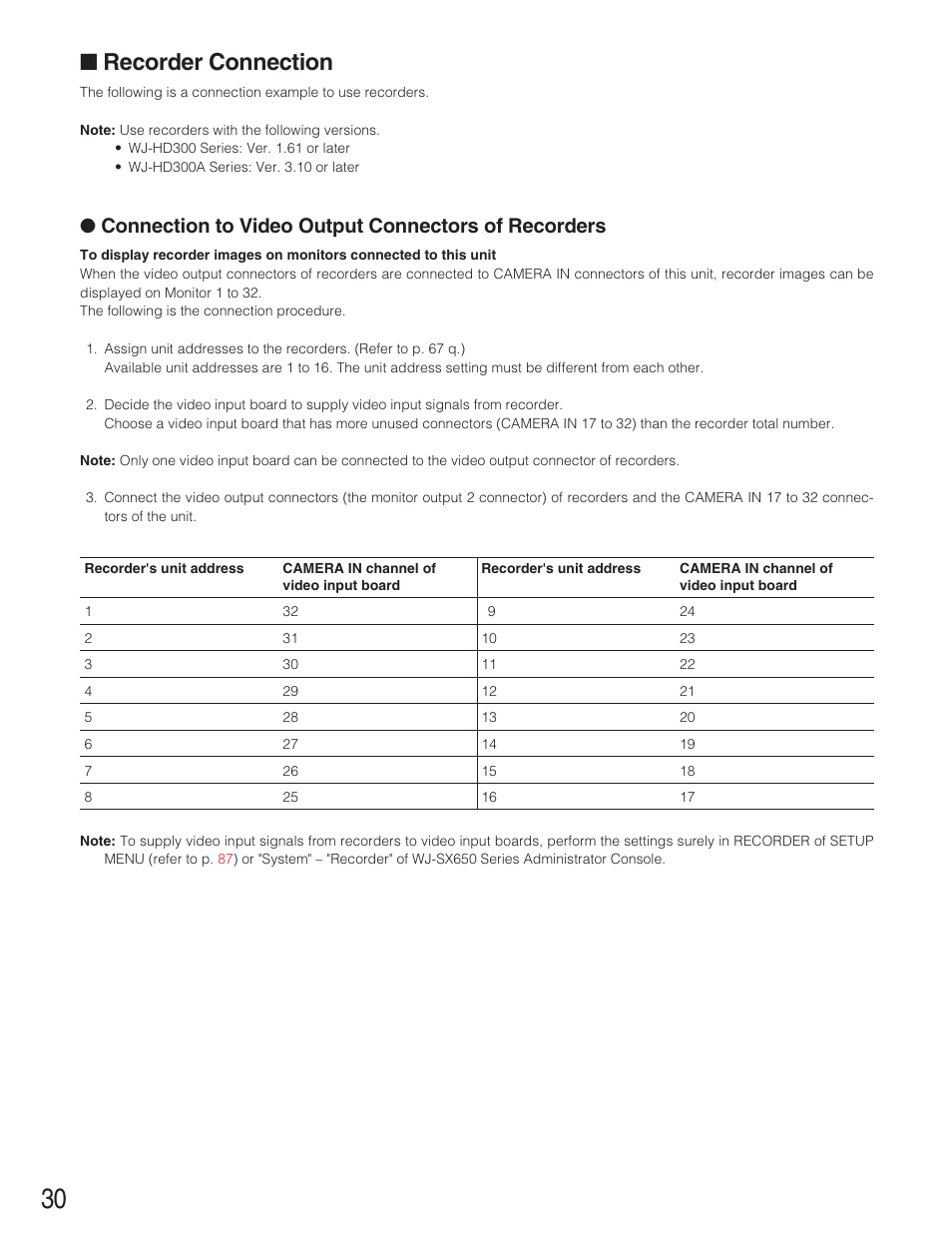Recorder connection, Connection to video output connectors of recorders | Panasonic WJ-SX650 User Manual | Page 30 / 98