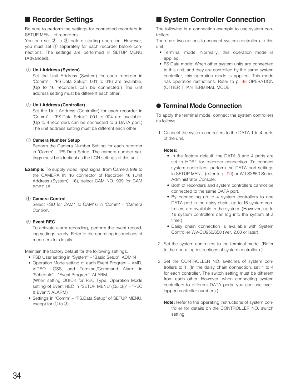 Recorder settings, System controller connection, Terminal mode connection | Panasonic WJ-SX650 User Manual | Page 34 / 98