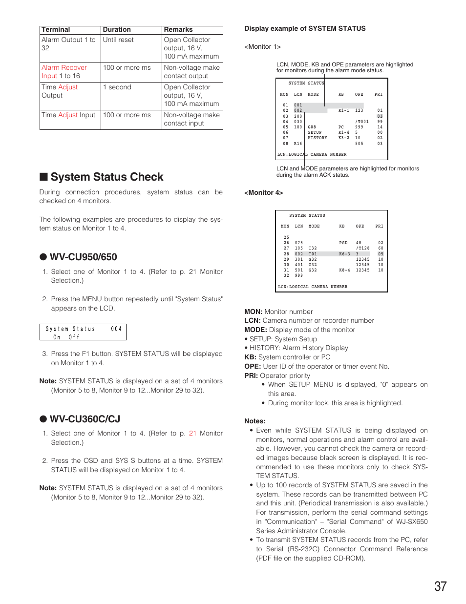 System status check, Wv-cu360c/cj | Panasonic WJ-SX650 User Manual | Page 37 / 98