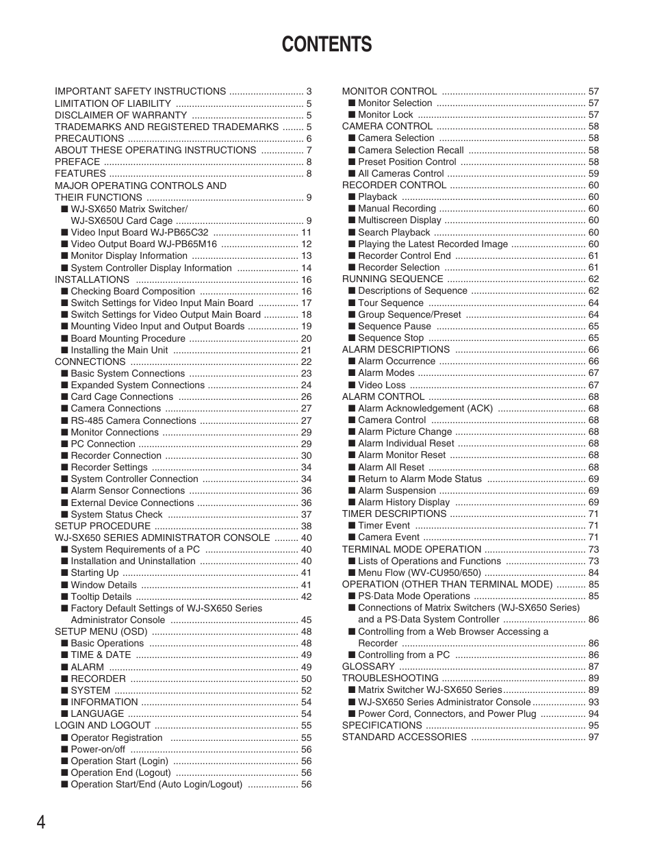 Panasonic WJ-SX650 User Manual | Page 4 / 98