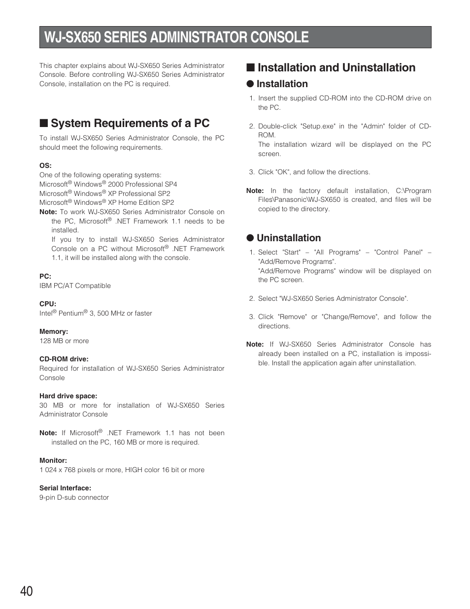 Wj-sx650 series administrato, System requirements of a pc, Installation and uninstalla | Setup procedure, Wj-sx650 series administrator console, Installation and uninstallation, Installation, Uninstallation | Panasonic WJ-SX650 User Manual | Page 40 / 98