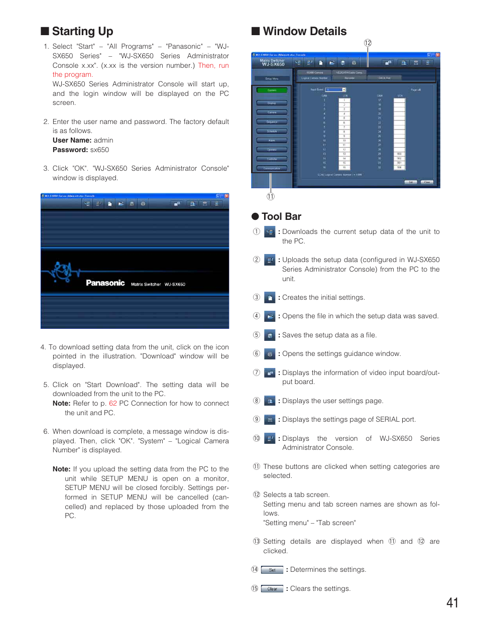 Starting up, Window details, Tool bar | Panasonic WJ-SX650 User Manual | Page 41 / 98