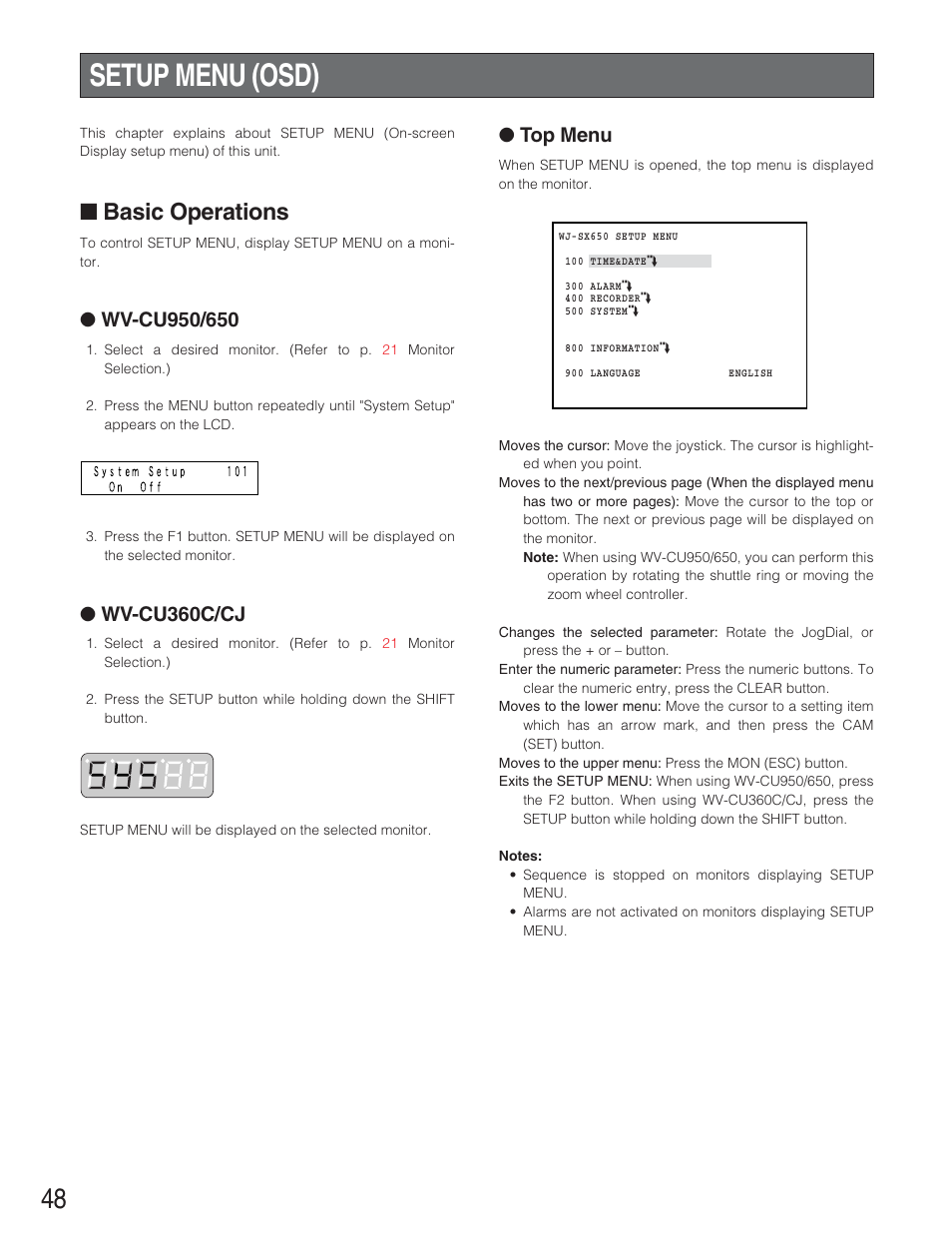 Setup menu (osd), Basic operations, Wv-cu360c/cj | Top menu | Panasonic WJ-SX650 User Manual | Page 48 / 98