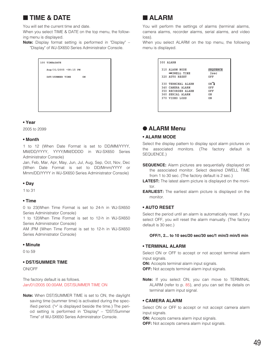 Time & date, Alarm, Alarm menu | Panasonic WJ-SX650 User Manual | Page 49 / 98