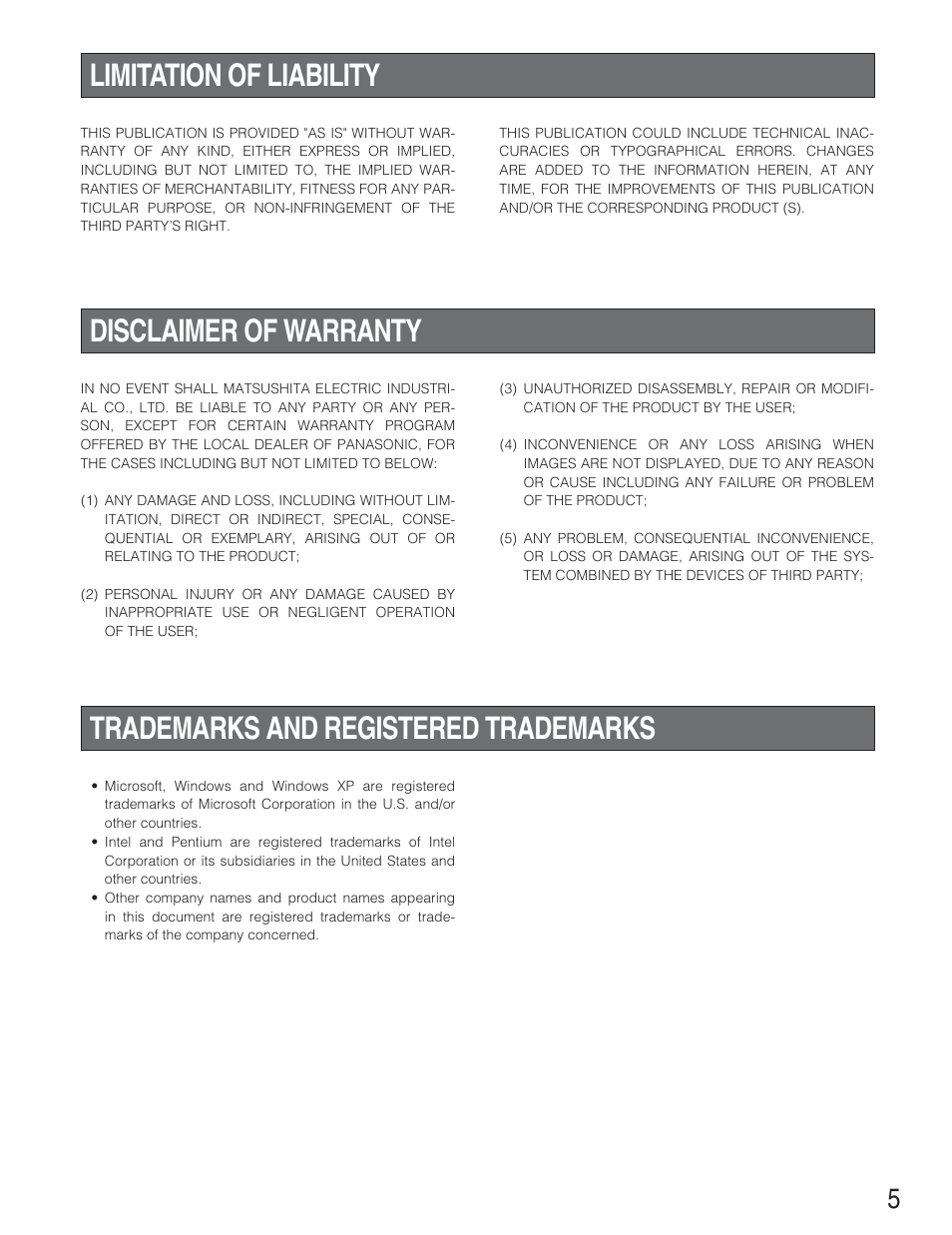Limitation of liability, Disclaimer of warranty, Trademarks and registered tr | Trademarks and registered trademarks | Panasonic WJ-SX650 User Manual | Page 5 / 98