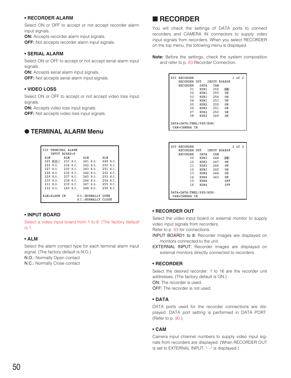 Recorder, Terminal alarm menu | Panasonic WJ-SX650 User Manual | Page 50 / 98