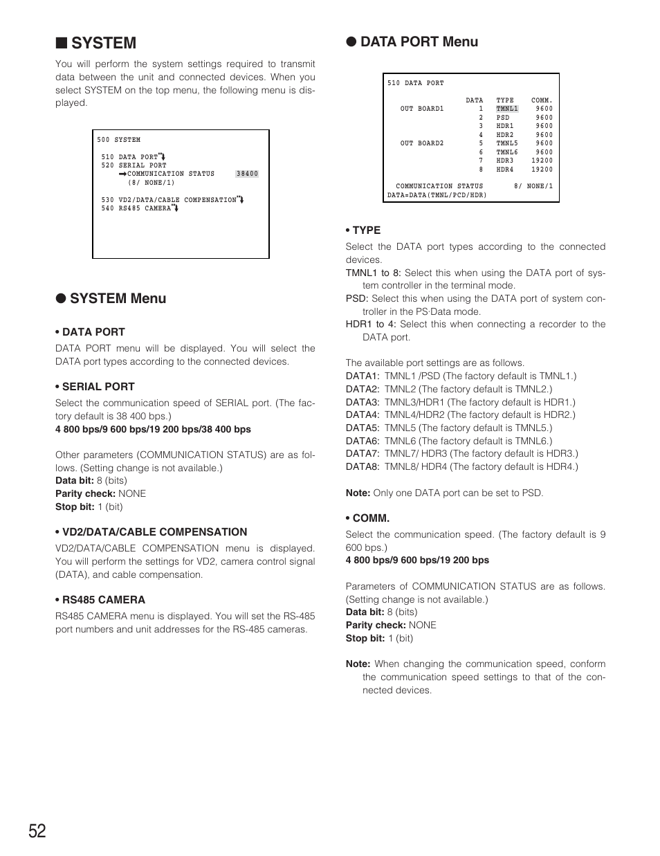 System, System menu, Data port menu | Panasonic WJ-SX650 User Manual | Page 52 / 98