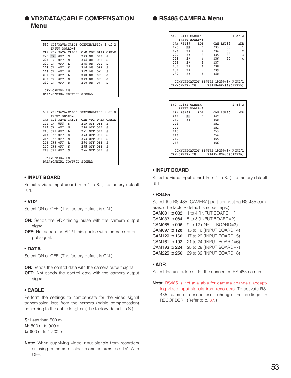 Vd2/data/cable compensation menu, Rs485 camera menu | Panasonic WJ-SX650 User Manual | Page 53 / 98