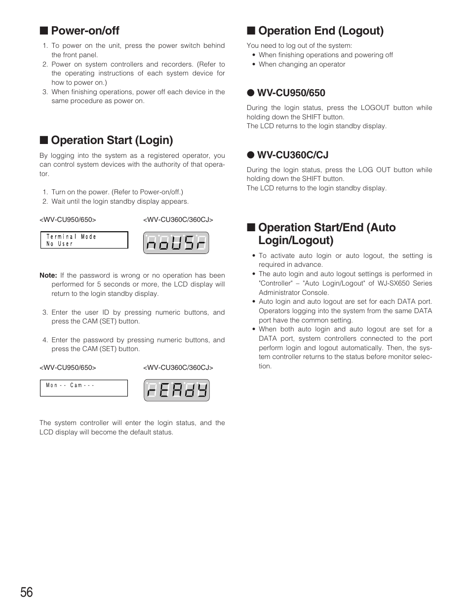 Power-on/off, Operation start (login), Operation end (logout) | Operation start/end (auto l, Operation start/end (auto login/logout), Wv-cu360c/cj | Panasonic WJ-SX650 User Manual | Page 56 / 98