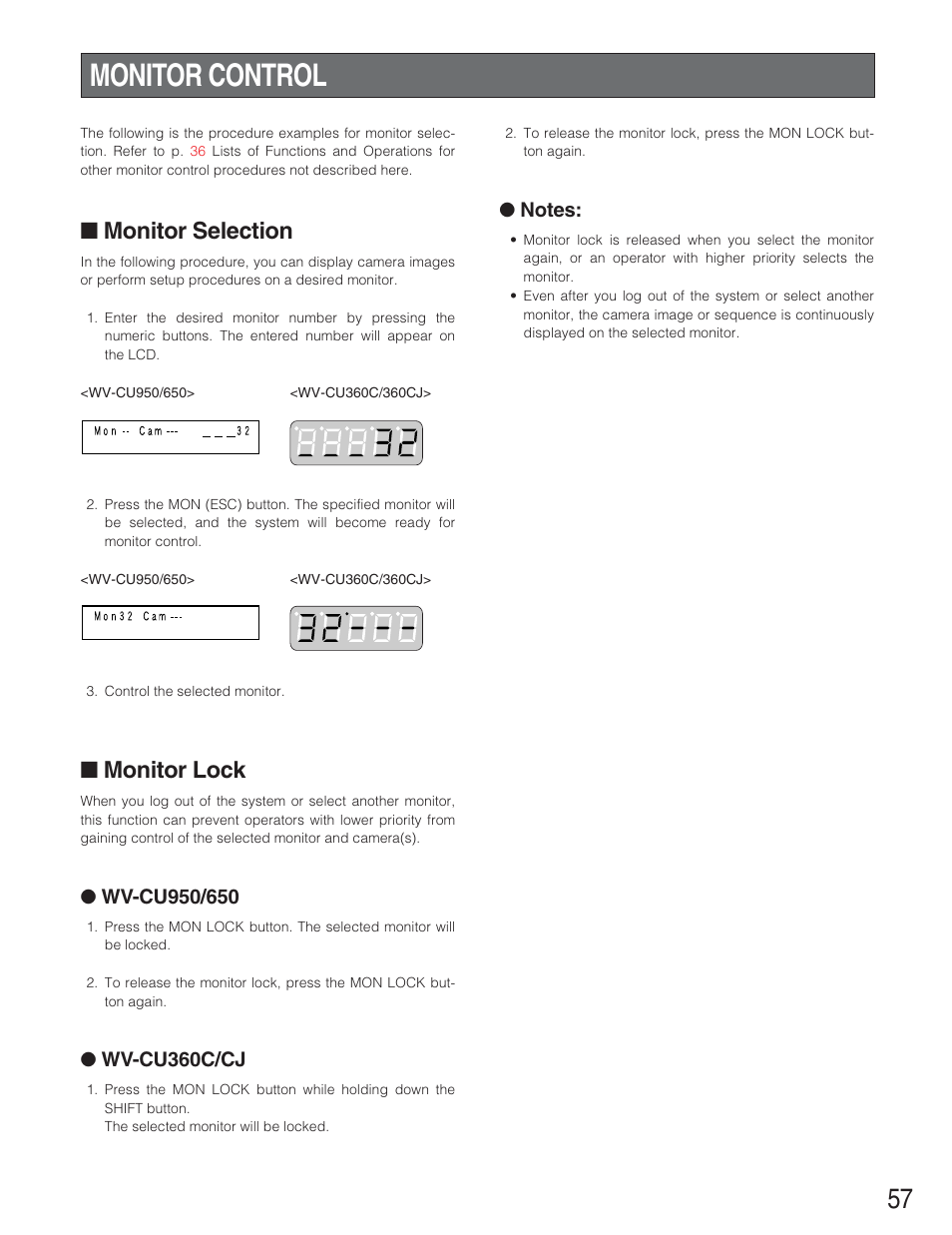 Monitor control, Monitor selection, Monitor lock | Wv-cu360c/cj | Panasonic WJ-SX650 User Manual | Page 57 / 98