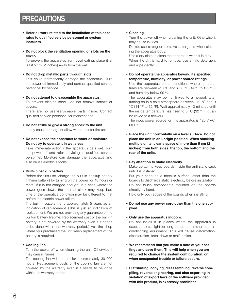 Precautions | Panasonic WJ-SX650 User Manual | Page 6 / 98