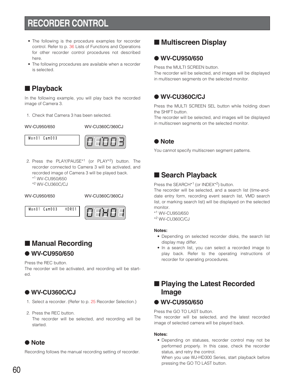 Recorder control, Playback, Manual recording | Multiscreen display, Search playback, Playing the latest recorded, Playing the latest recorded image, Wv-cu360c/cj | Panasonic WJ-SX650 User Manual | Page 60 / 98