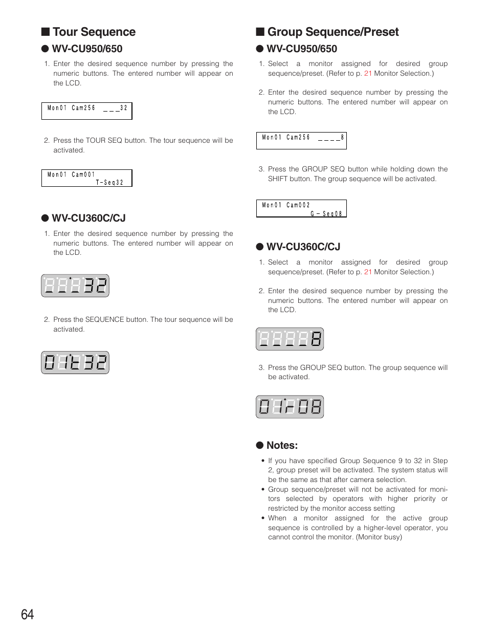 Tour sequence, Group sequence/preset, Wv-cu360c/cj | Panasonic WJ-SX650 User Manual | Page 64 / 98