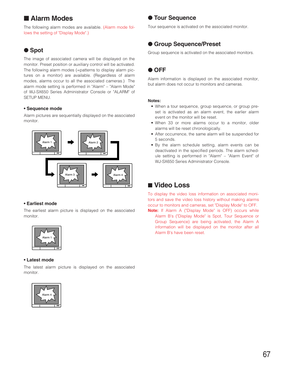 Alarm modes, Video loss, Spot | Tour sequence, Group sequence/preset | Panasonic WJ-SX650 User Manual | Page 67 / 98