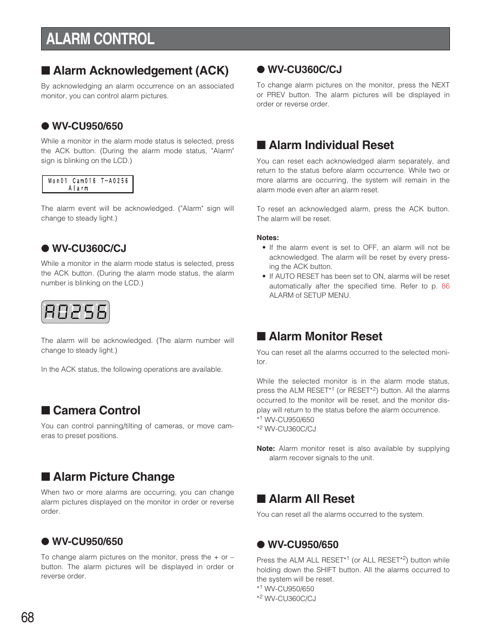 Alarm control, Alarm acknowledgement (ack), Camera control | Alarm picture change, Alarm individual reset, Alarm monitor reset, Alarm all reset, Wv-cu360c/cj | Panasonic WJ-SX650 User Manual | Page 68 / 98