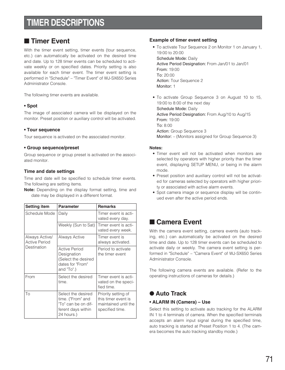 Timer descriptions, Timer event, Camera event | Auto track | Panasonic WJ-SX650 User Manual | Page 71 / 98