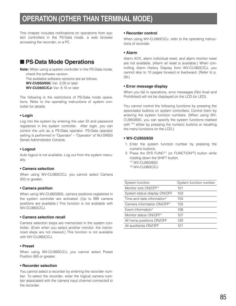 Operation (other than termin, Psádata mode operations, Operation (other than terminal mode) | Ps·data mode operations | Panasonic WJ-SX650 User Manual | Page 85 / 98