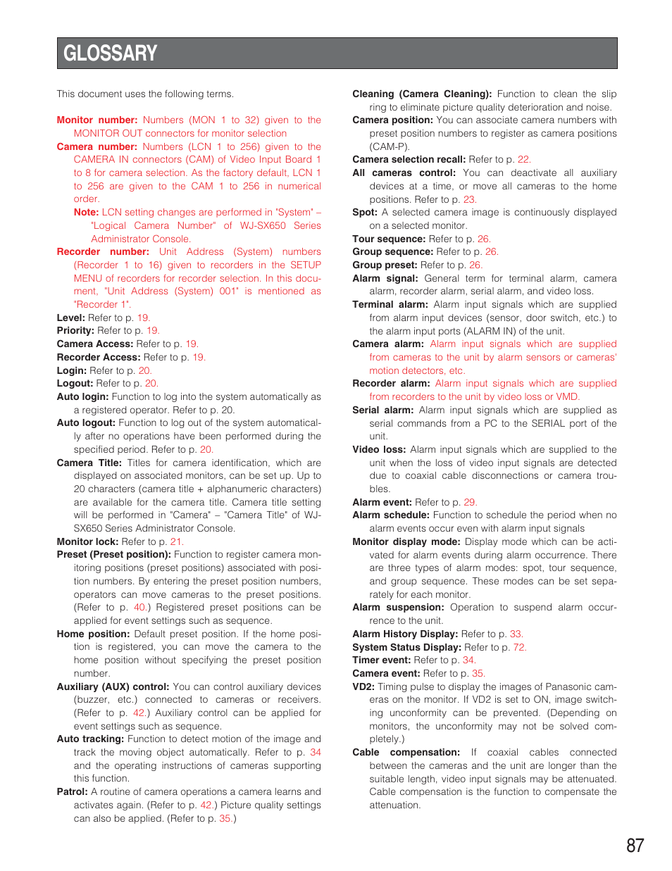 Glossary | Panasonic WJ-SX650 User Manual | Page 87 / 98
