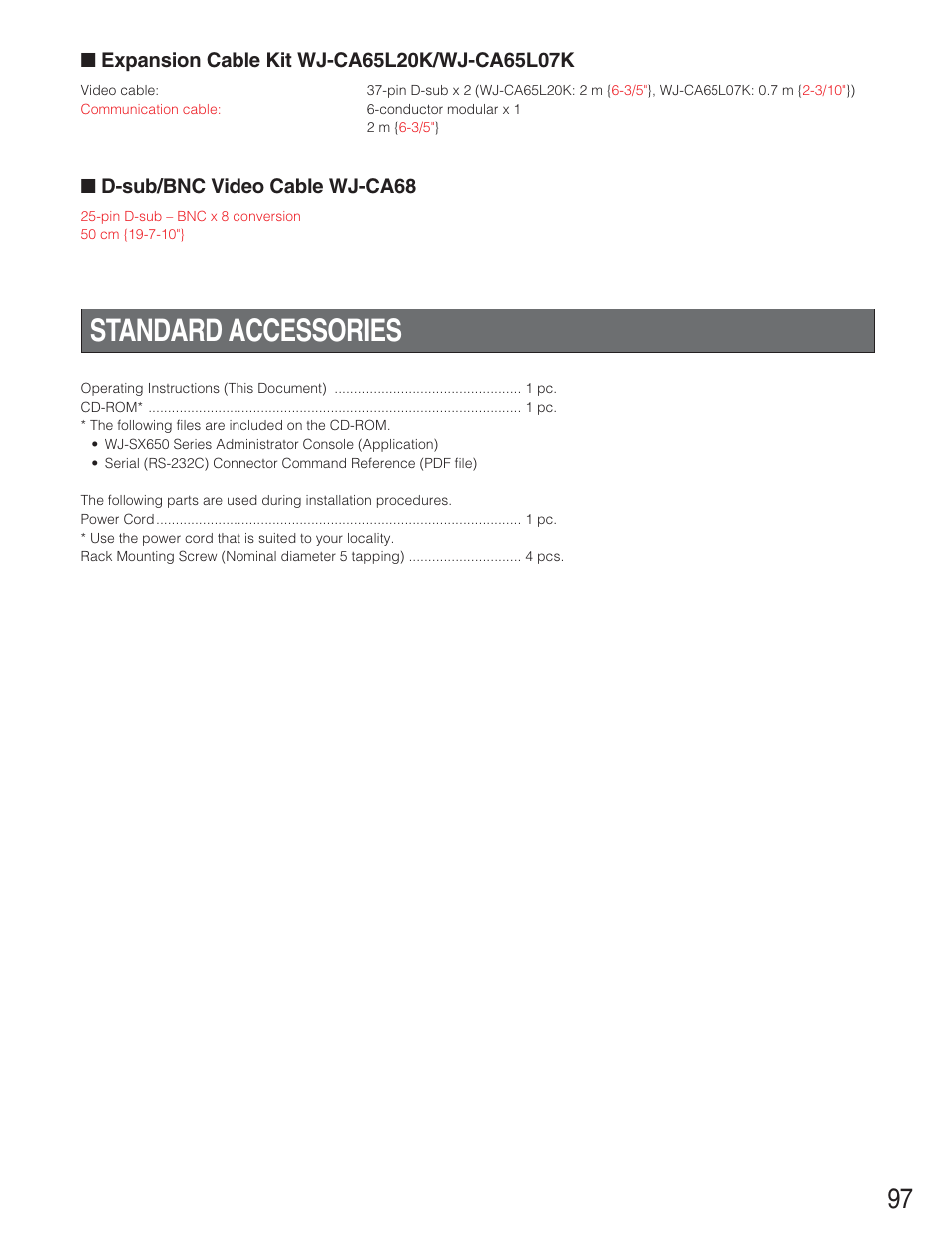 Standard accessories, D-sub/bnc video cable wj-ca68 | Panasonic WJ-SX650 User Manual | Page 97 / 98