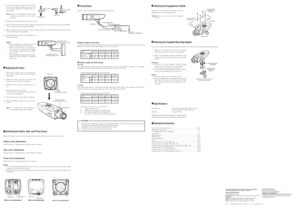 Adjusting the focus, Attaching the switch, rear, and front covers, Connections | Attaching the supplied sun shield, Attaching the supplied mounting adapter, Specifications, Standard accessories, Sd ii w v- cw 37 4 fr on t, Sd ii w v-c w374, Wn f t | Panasonic WV-CW374 User Manual | Page 2 / 2