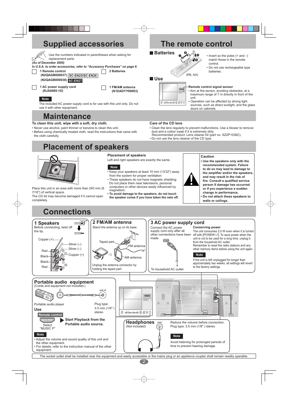 Supplied accessories the remote control, Maintenance, Placement of speakers connections | Batteries, 1 speakers, 2 fm/am antenna, 3 ac power supply cord, Portable audio equipment, Headphones | Panasonic SC-EN25 User Manual | Page 2 / 8