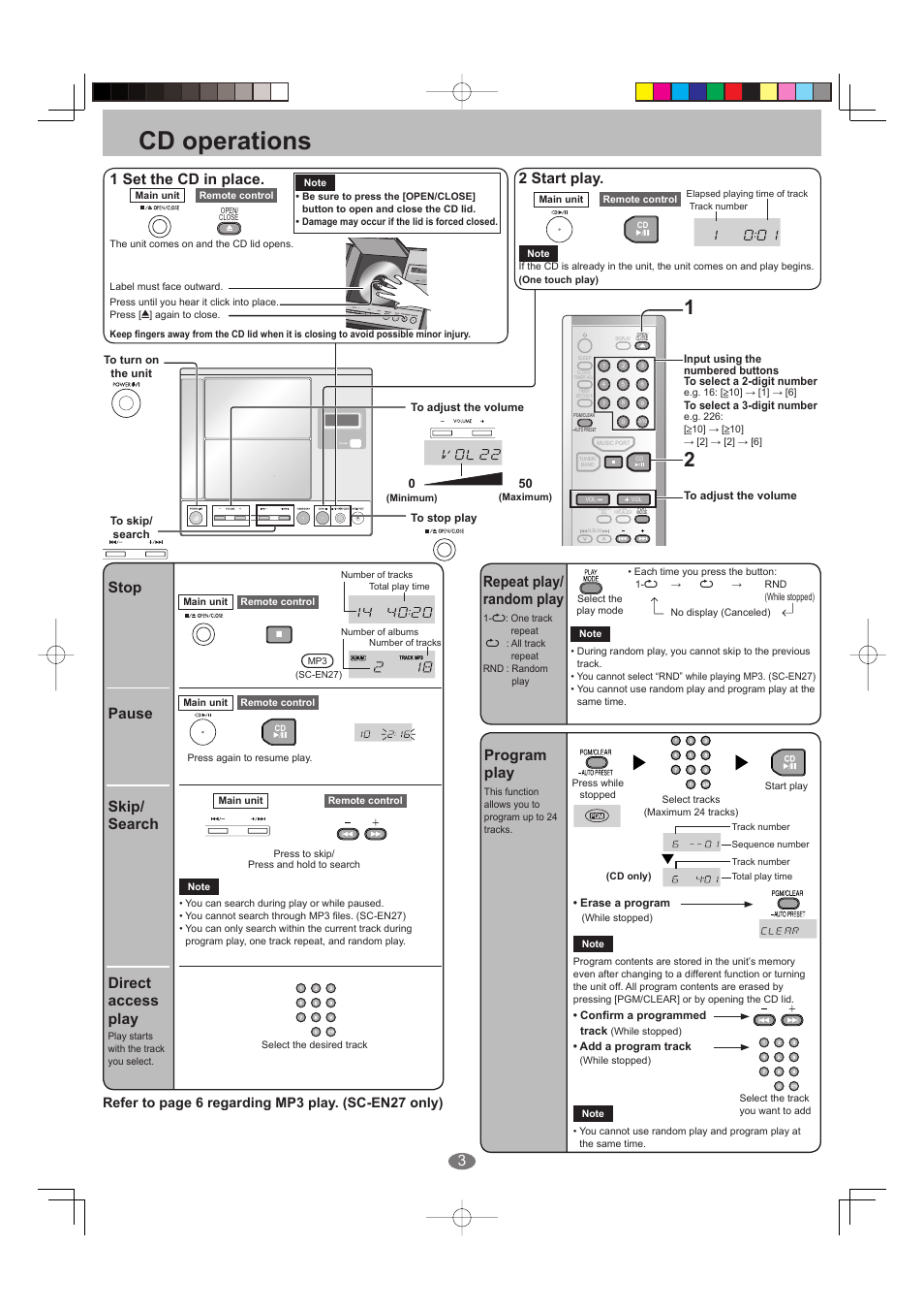 Cd operations, 1 set the cd in place, 2 start play | Stop pause skip/ search direct access play, Repeat play/ random play, Program play, Refer to page 6 regarding mp3 play. (sc-en27 only) | Panasonic SC-EN25 User Manual | Page 3 / 8