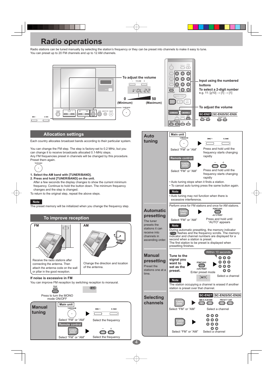 Radio operations, Allocation settings, Manual tuning | Automatic presetting, Auto tuning manual presetting, Selecting channels | Panasonic SC-EN25 User Manual | Page 4 / 8