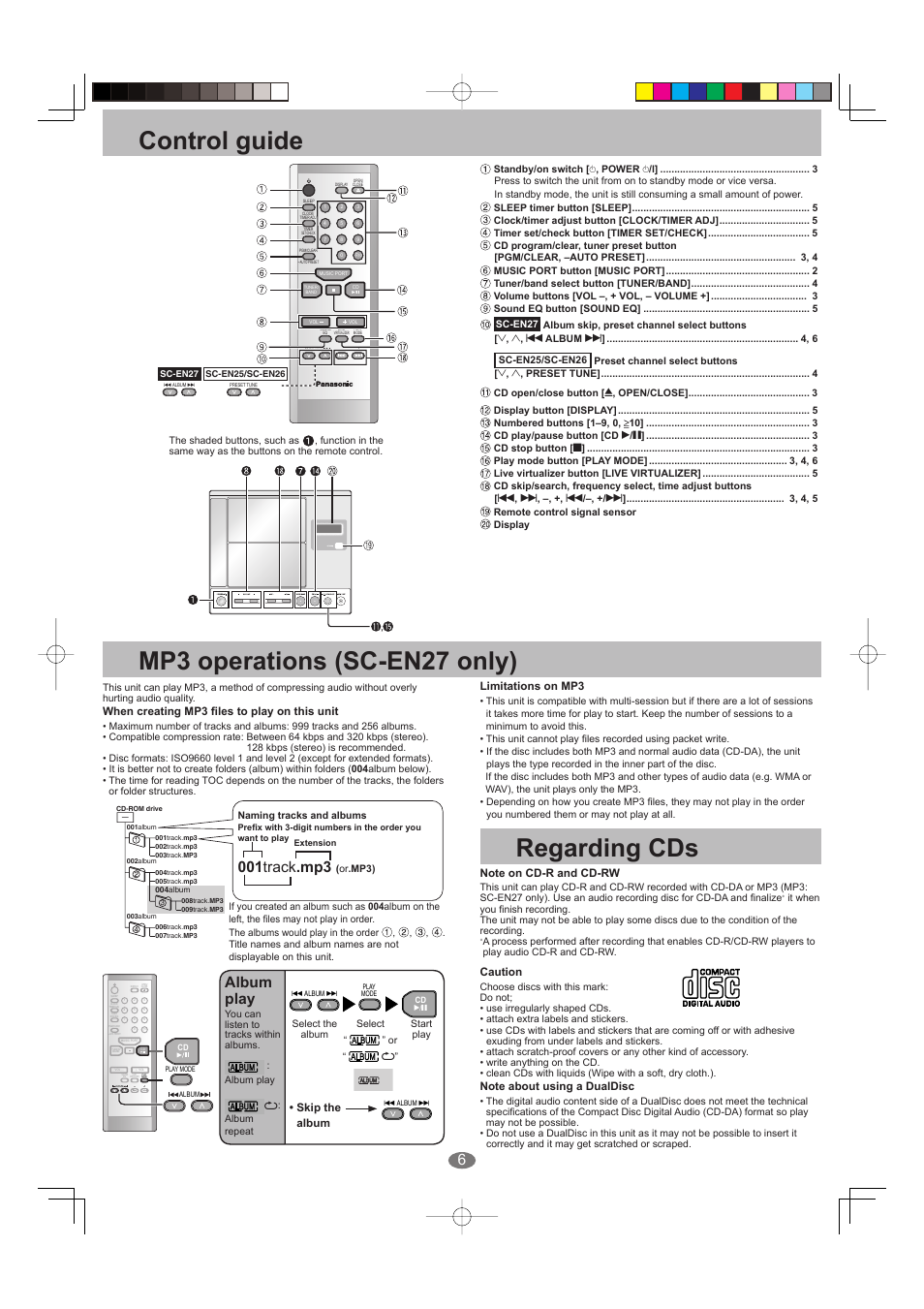 Control guide, Mp3 operations (sc-en27 only), Regarding cds | 001 track .mp3, Album play, When creating mp3 fi les to play on this unit, Skip the album, Limitations on mp3, Caution | Panasonic SC-EN25 User Manual | Page 6 / 8