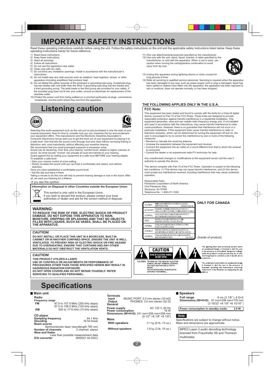 Important safety instructions, Listening caution, Specifi cations | Panasonic SC-EN25 User Manual | Page 7 / 8