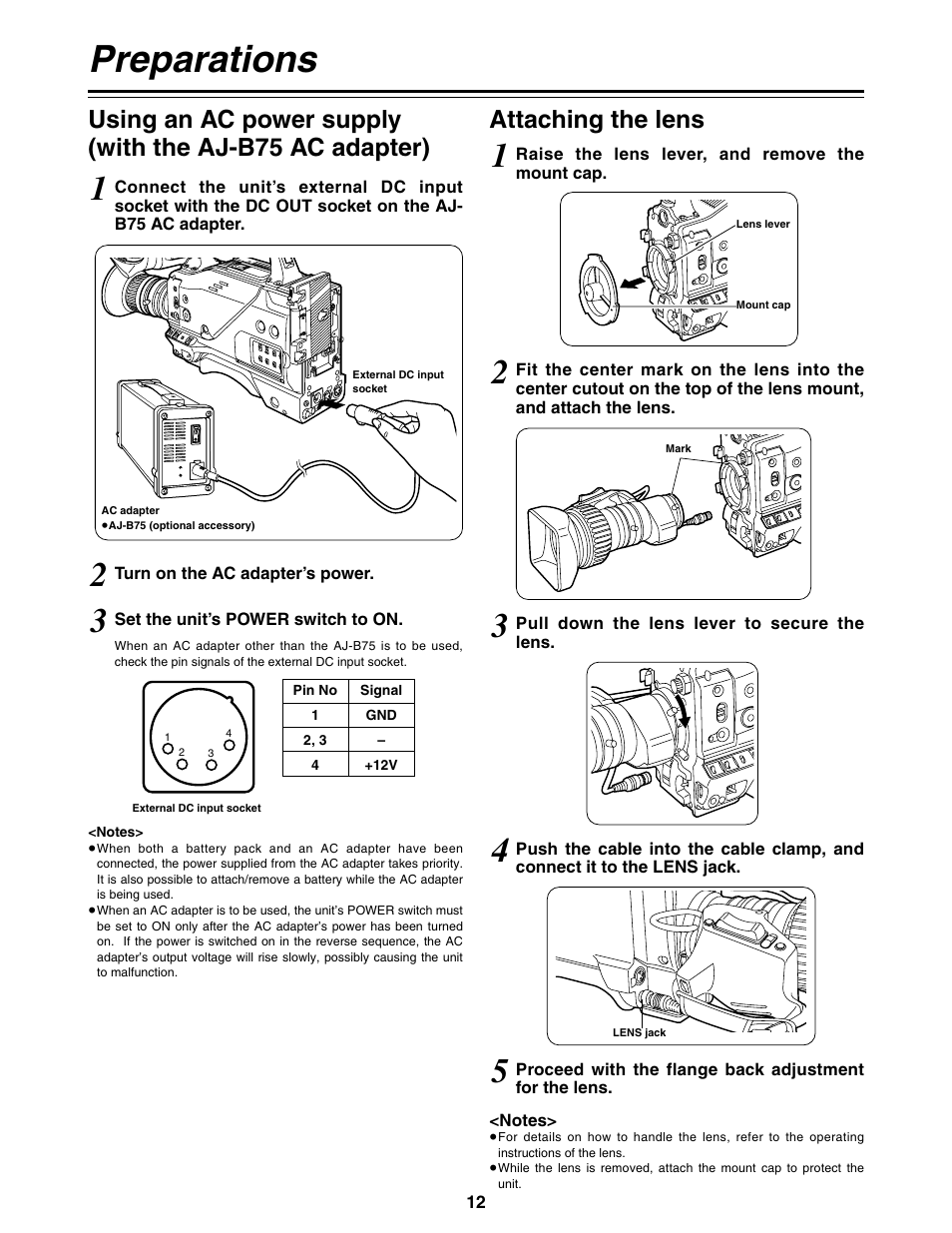 Attaching the lens, Preparations | Panasonic AG-DVC200P User Manual | Page 12 / 44