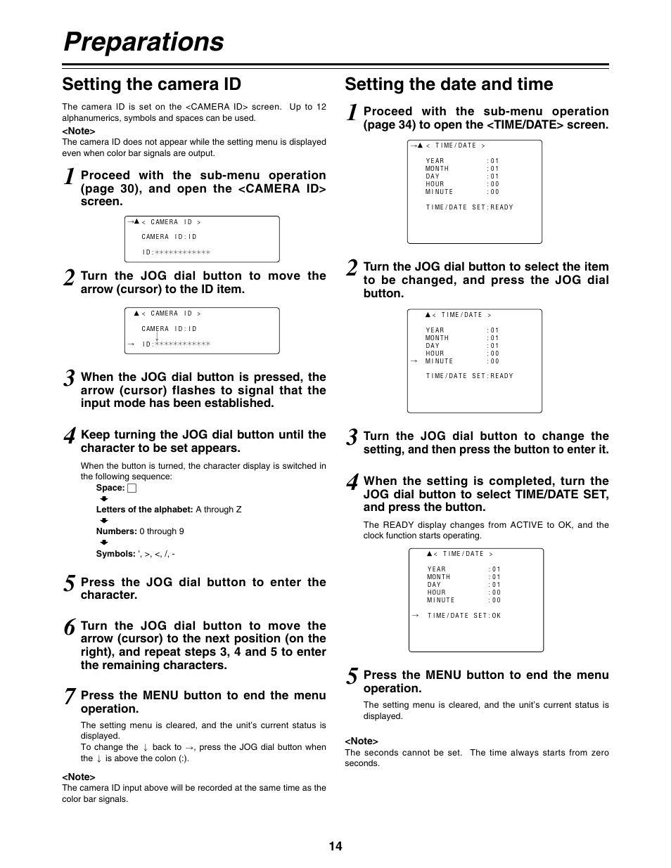 Setting the camera id, Setting the date and time, Preparations | Panasonic AG-DVC200P User Manual | Page 14 / 44