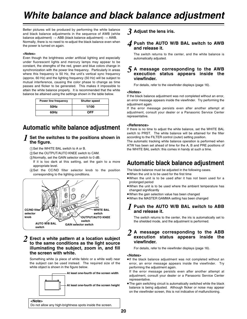 White balance and black balance adjustment, Automatic white balance adjustment, Automatic black balance adjustment | Panasonic AG-DVC200P User Manual | Page 20 / 44