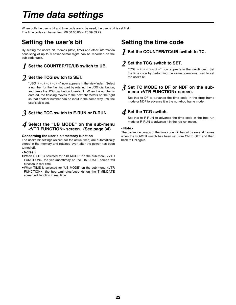 Time data settings, Setting the user's bit, Setting the time code | Setting the user’s bit setting the time code | Panasonic AG-DVC200P User Manual | Page 22 / 44