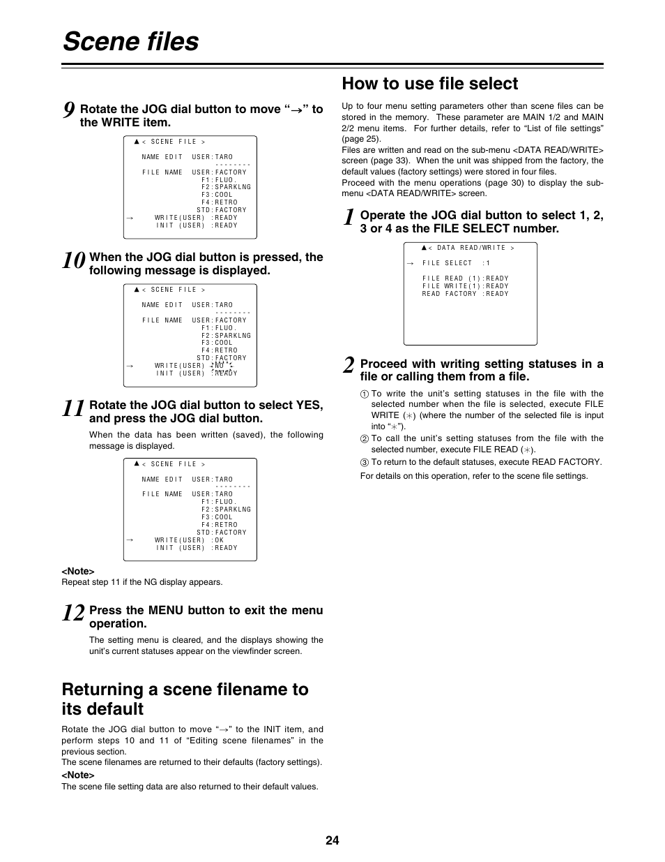 Returning a scene filename to it's default, How to use file select, Scene files | Panasonic AG-DVC200P User Manual | Page 24 / 44