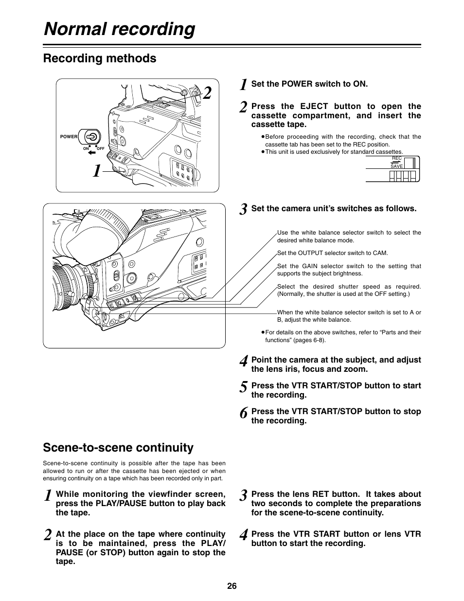 Normal recording, Recording methods, Scene-to-scene continuity | Panasonic AG-DVC200P User Manual | Page 26 / 44