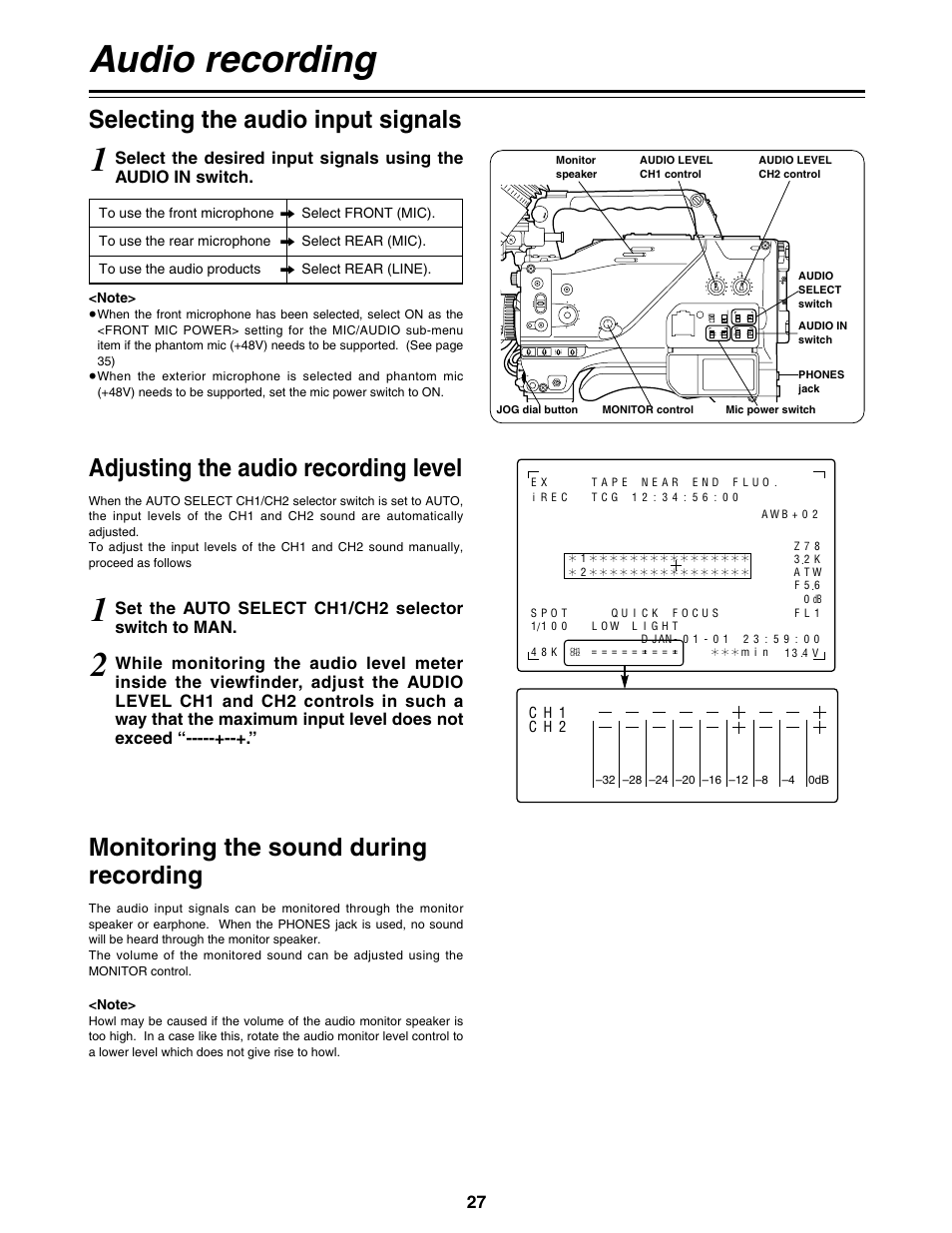 Audio recording, Selecting the audio input signals, Adjusting the recording level | Monitoring the sound during recording, Playback (checking what has been recorded), Rec review, Set the auto select ch1/ch2 selector switch to man | Panasonic AG-DVC200P User Manual | Page 27 / 44