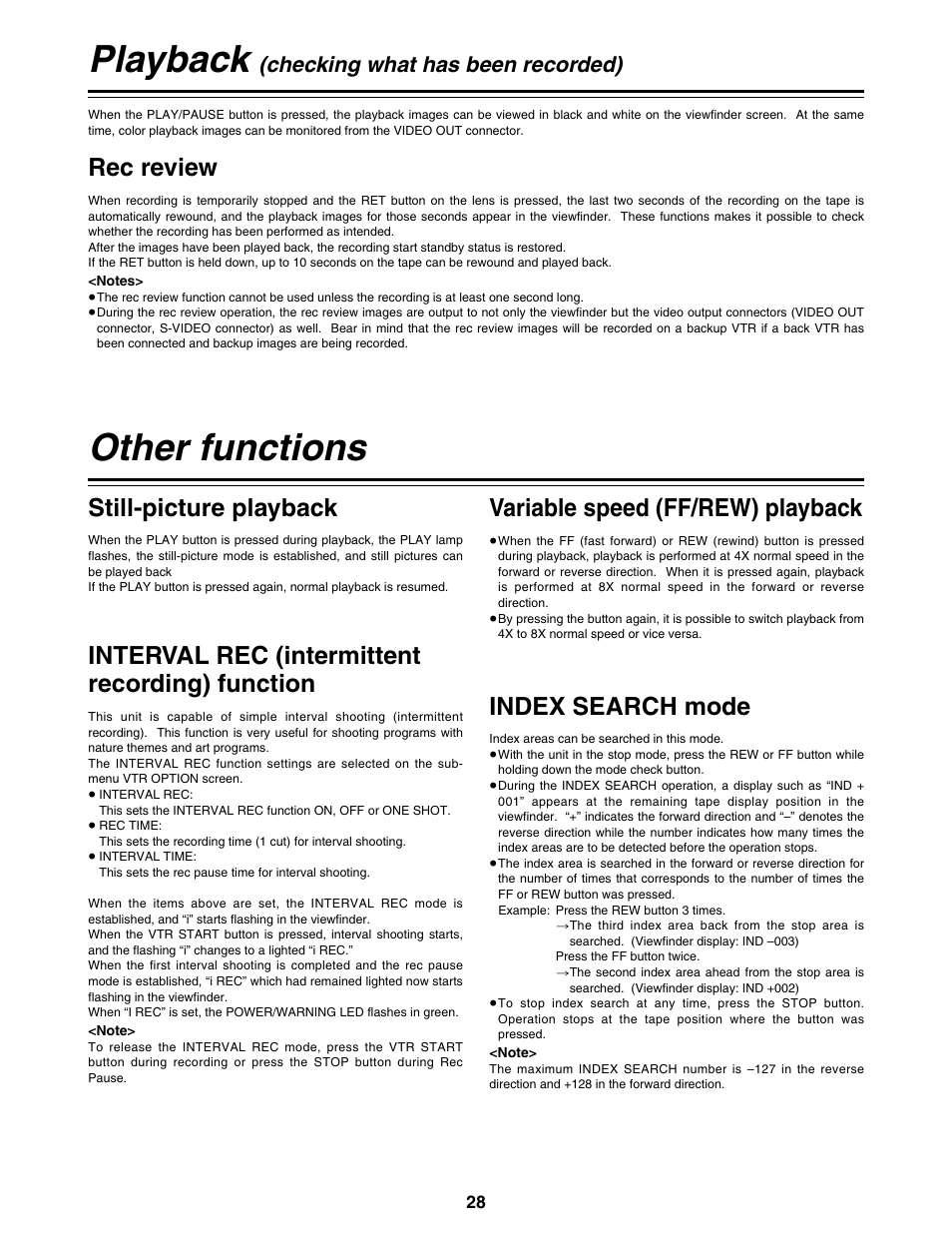 Other functions, Still-picture playback, Interval rec (intermittent recording) function | Variable speed (ff/rew) playback, Index search mode, Playback, Rec review, Checking what has been recorded) | Panasonic AG-DVC200P User Manual | Page 28 / 44
