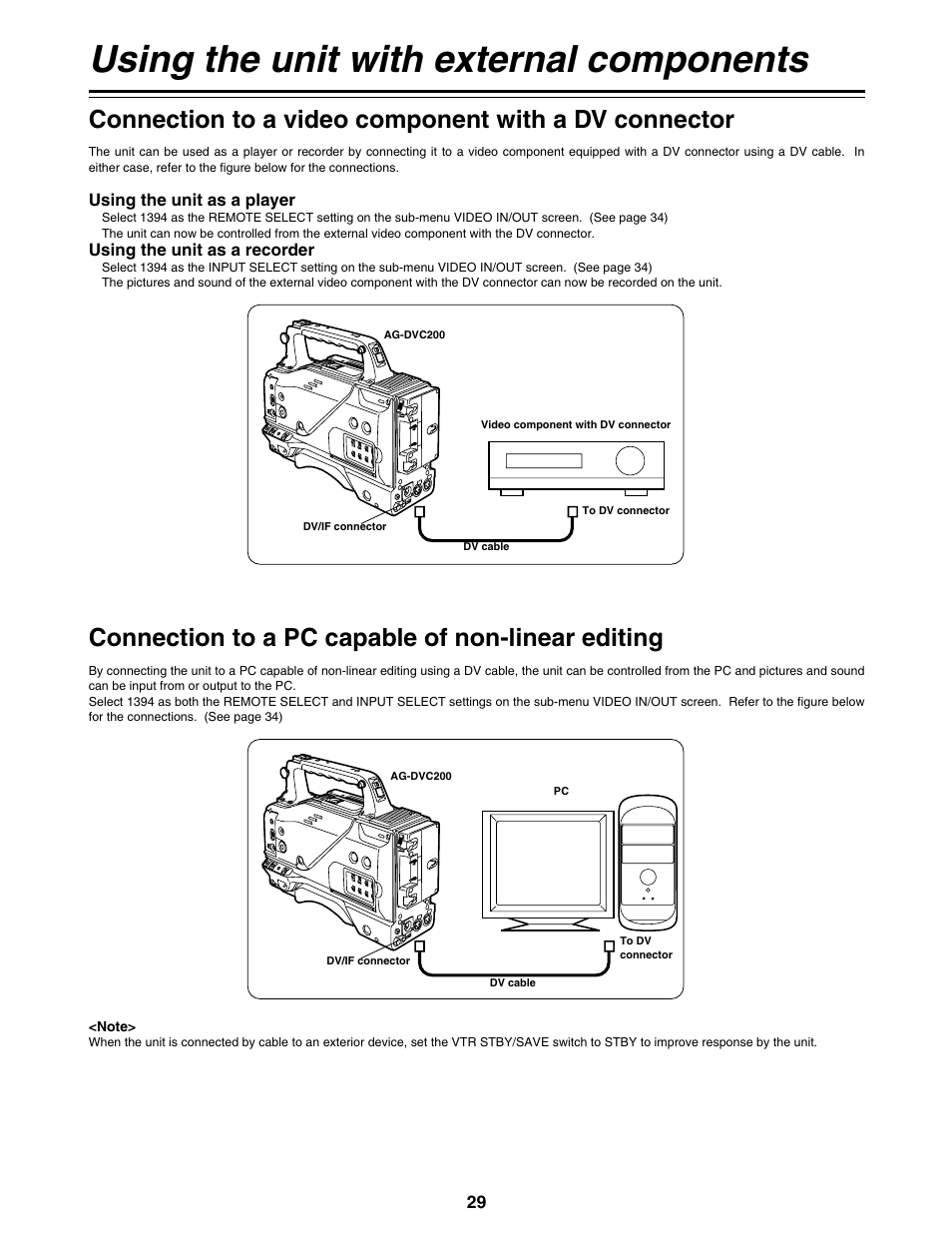 Using the unit with external components, Connection to a video component with dv connector, Connection to a pc capable of non-linear editing | Panasonic AG-DVC200P User Manual | Page 29 / 44