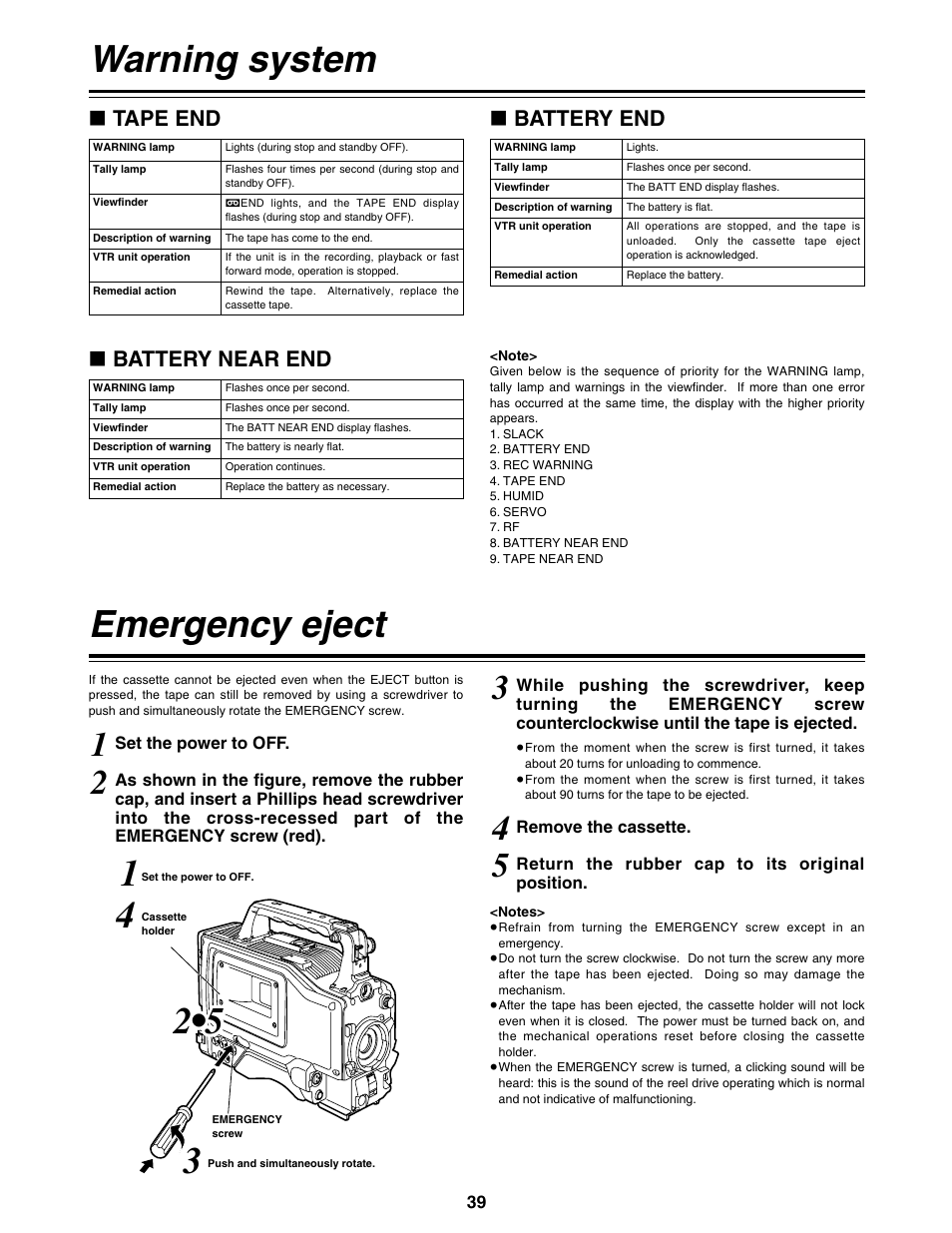 Warning system, Emergency eject, Warning system emergency eject | Battery near end, Battery end, Tape end | Panasonic AG-DVC200P User Manual | Page 39 / 44