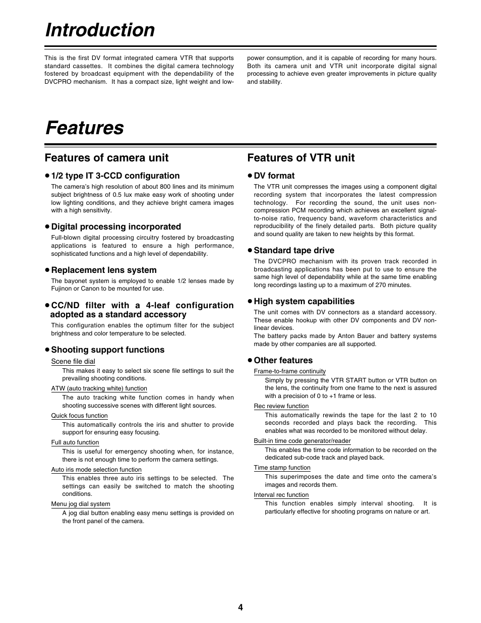 Introduction, Features, Features of camera unit | Features of vtr unit | Panasonic AG-DVC200P User Manual | Page 4 / 44