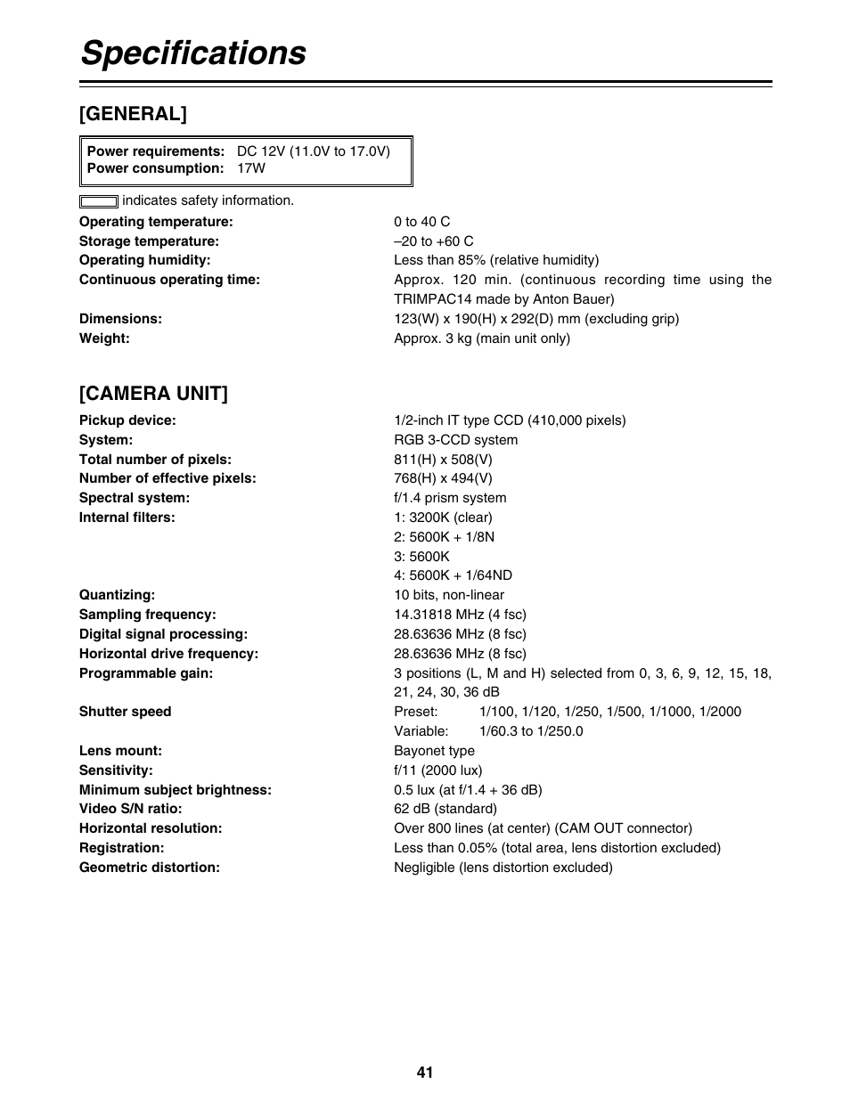 Specifications, General, Camera unit | Panasonic AG-DVC200P User Manual | Page 41 / 44