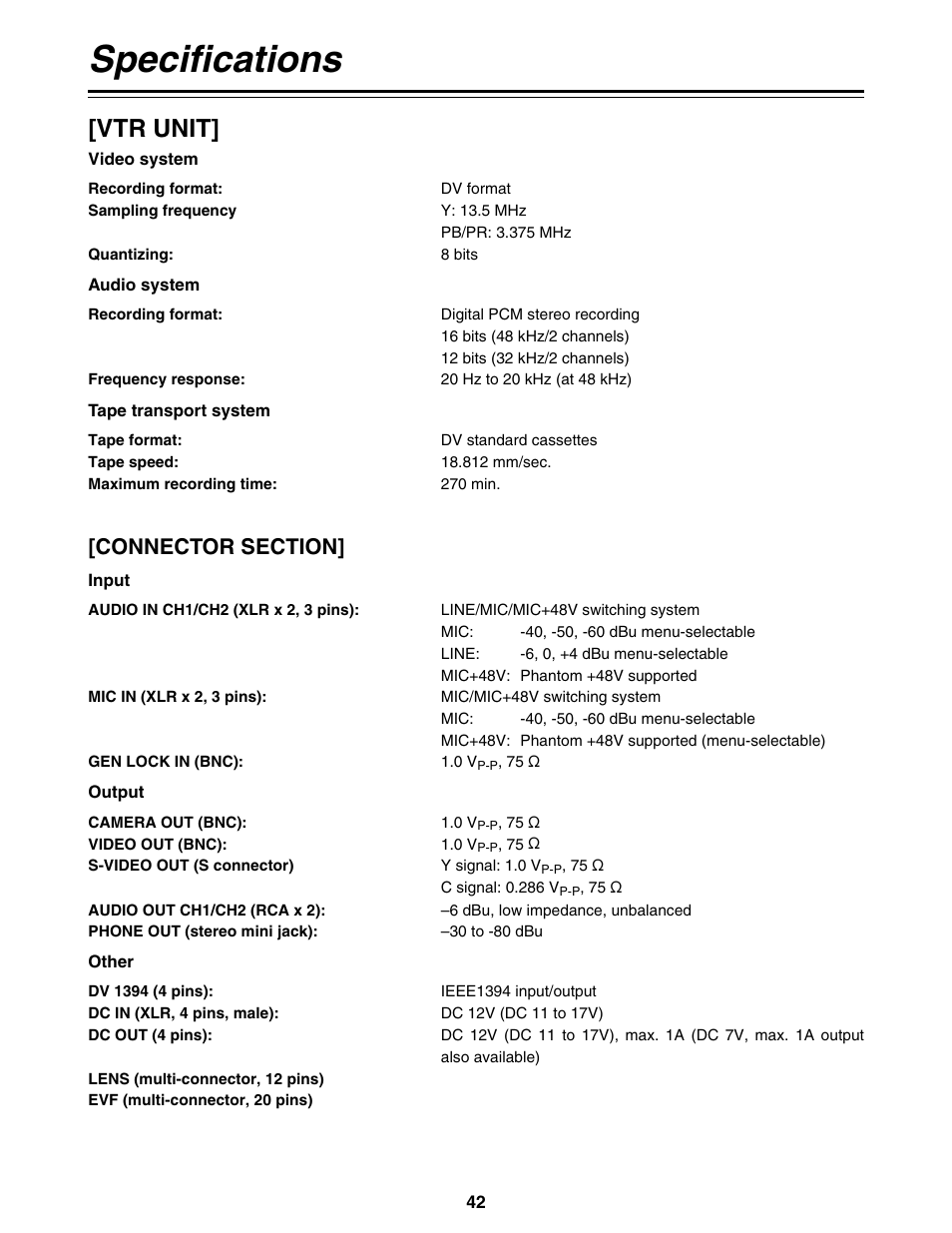 Specifications, Vtr unit | Panasonic AG-DVC200P User Manual | Page 42 / 44