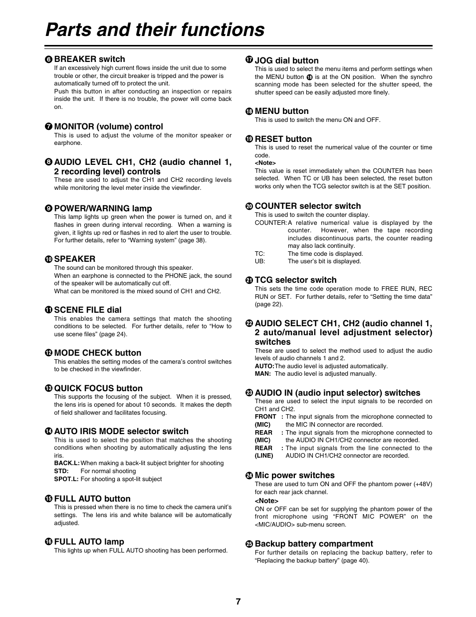 Parts and their functions | Panasonic AG-DVC200P User Manual | Page 7 / 44