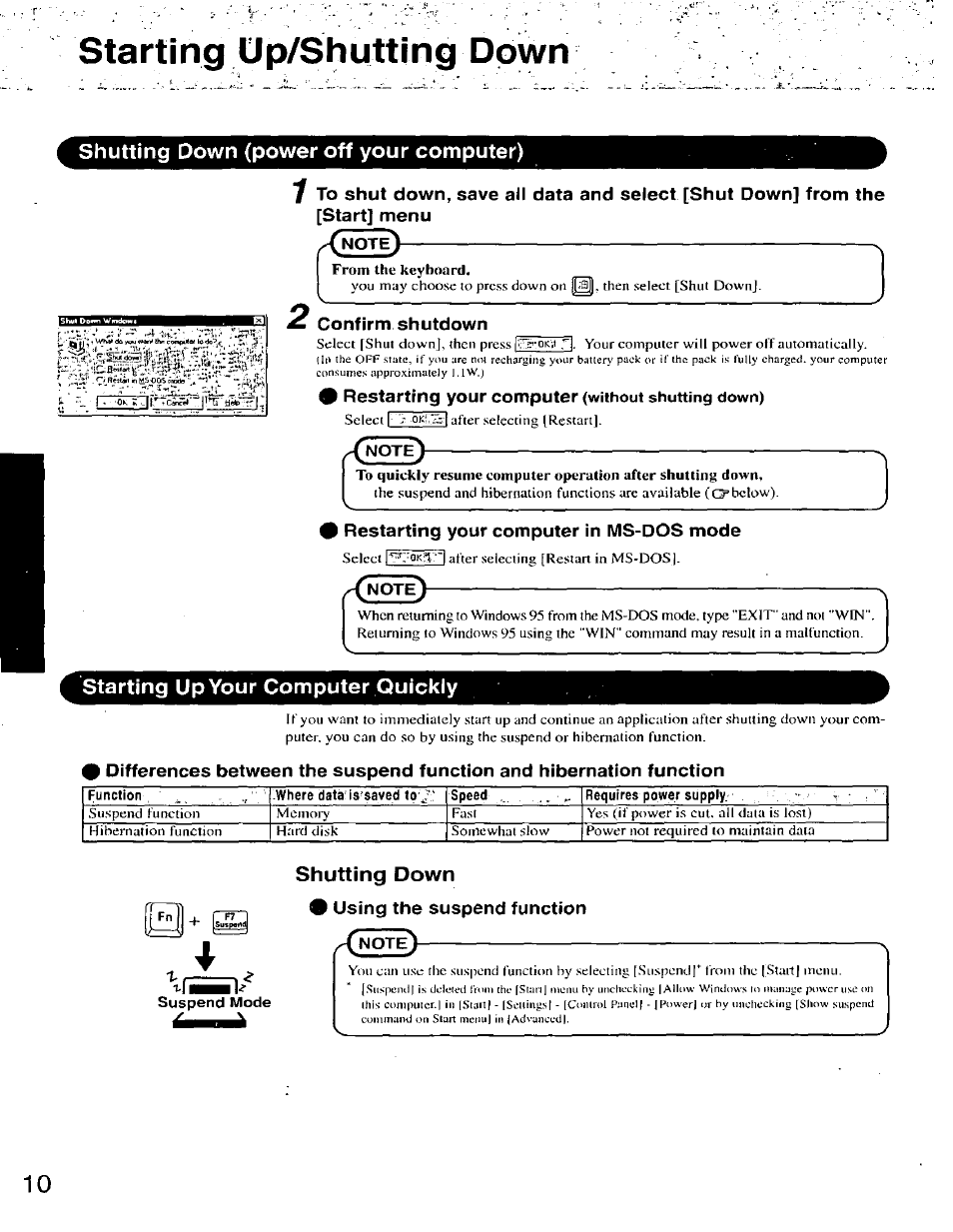 Shutting down (power off your computer), Confirm shutdown, Restarting your computer (without shutting down) | Restarting your computer in ms-dos mode, Starting up your computer quickly, Starting up/shutting down, Shutting down | Panasonic CF-25 User Manual | Page 10 / 48