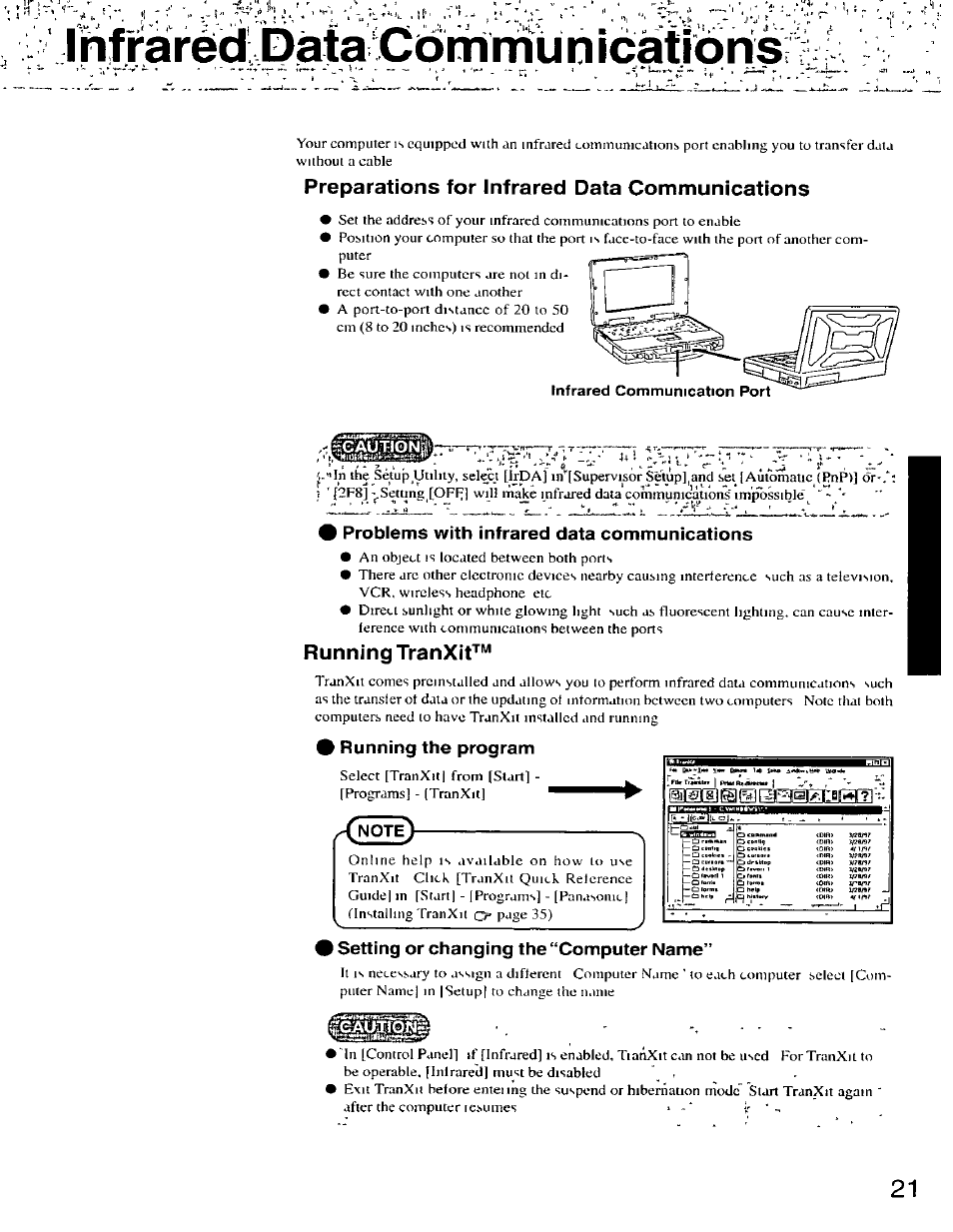 Preparations for infrared data communications, Infrared communication port, Problems with infrared data communications | Running tranxit, Running the program, Setting or changing the “computer name, Inf ràréd; bâta-cbm | Panasonic CF-25 User Manual | Page 21 / 48