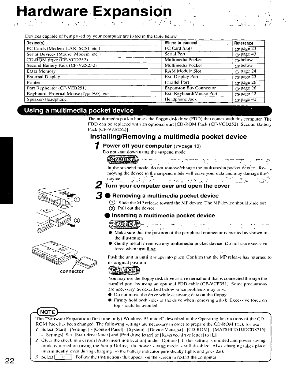 Using a multimedia pocket device, Installing/removing a multimedia pocket device, Turn your computer over and open the cover | Note, I inserting a multimedia pocket device, Hardware expansion | Panasonic CF-25 User Manual | Page 22 / 48