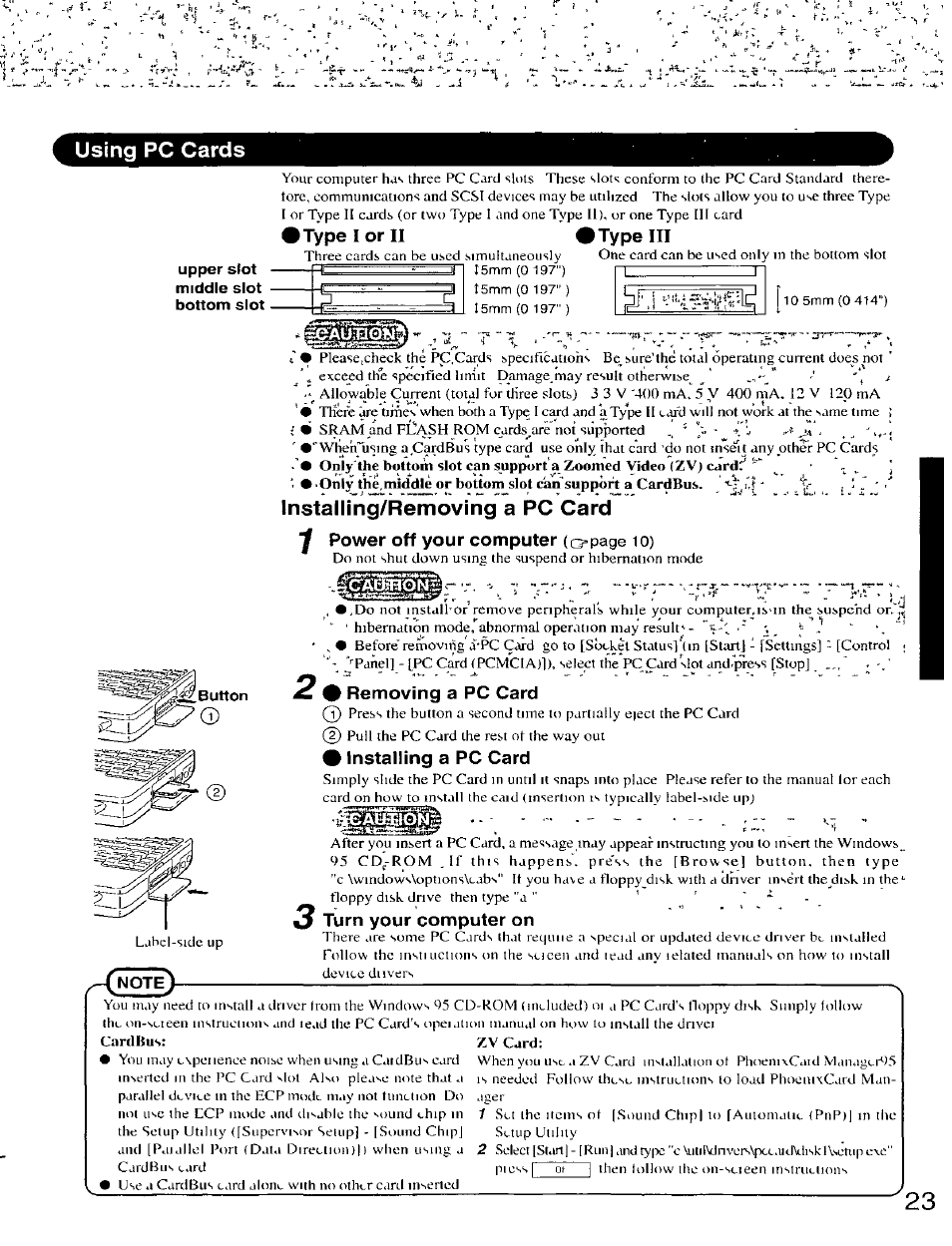 Using pc cards, Installing/removing a pc card | Panasonic CF-25 User Manual | Page 23 / 48