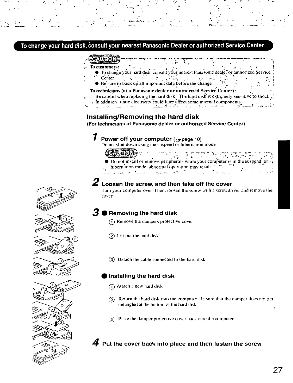 Installing/removing the hard disk, Loosen the screw, and then take off the cover, Removing the hard disk | Installing the hard disk | Panasonic CF-25 User Manual | Page 27 / 48