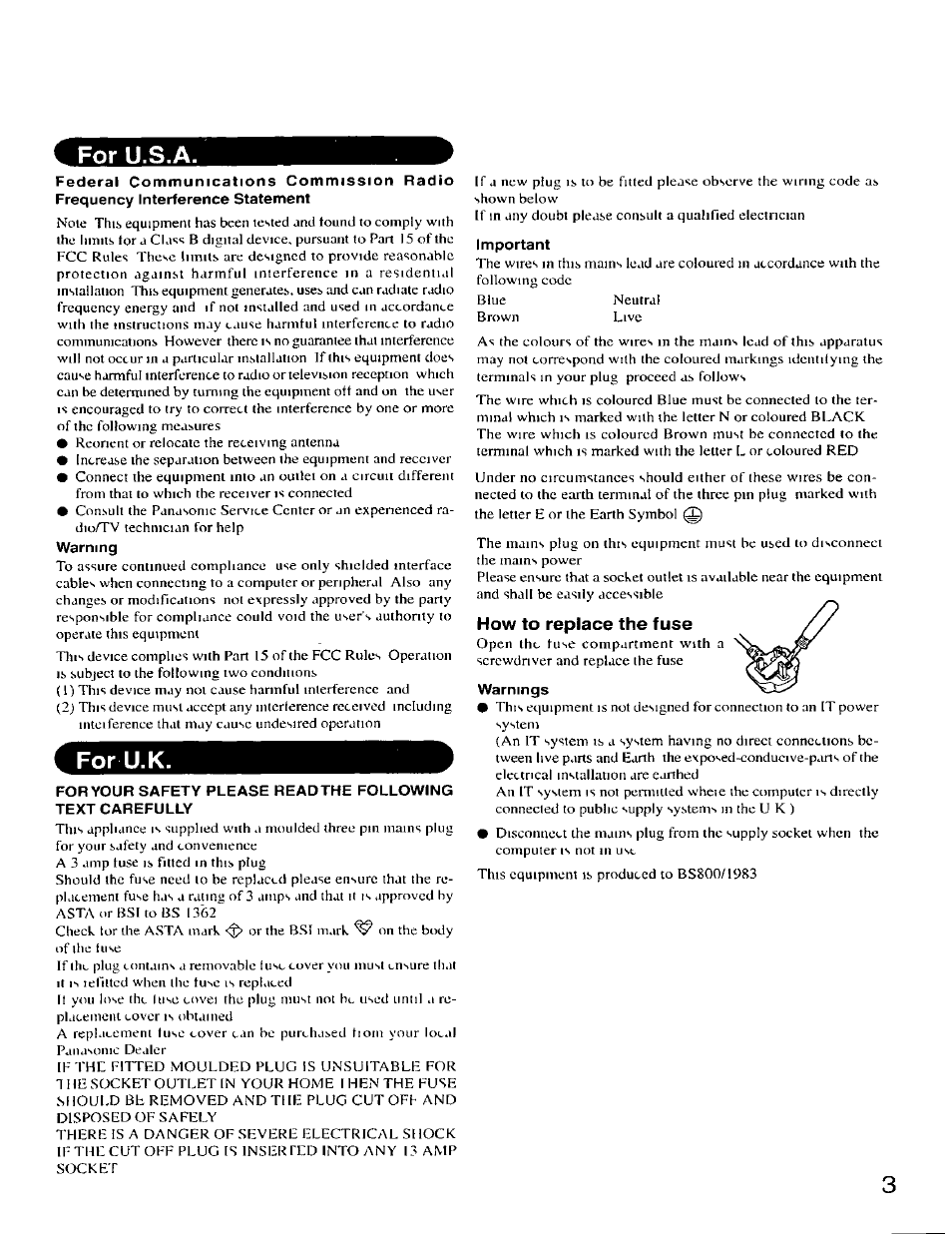 Warning, Important, How to replace the fuse | Warnings, For u.s.a, For u.k | Panasonic CF-25 User Manual | Page 3 / 48